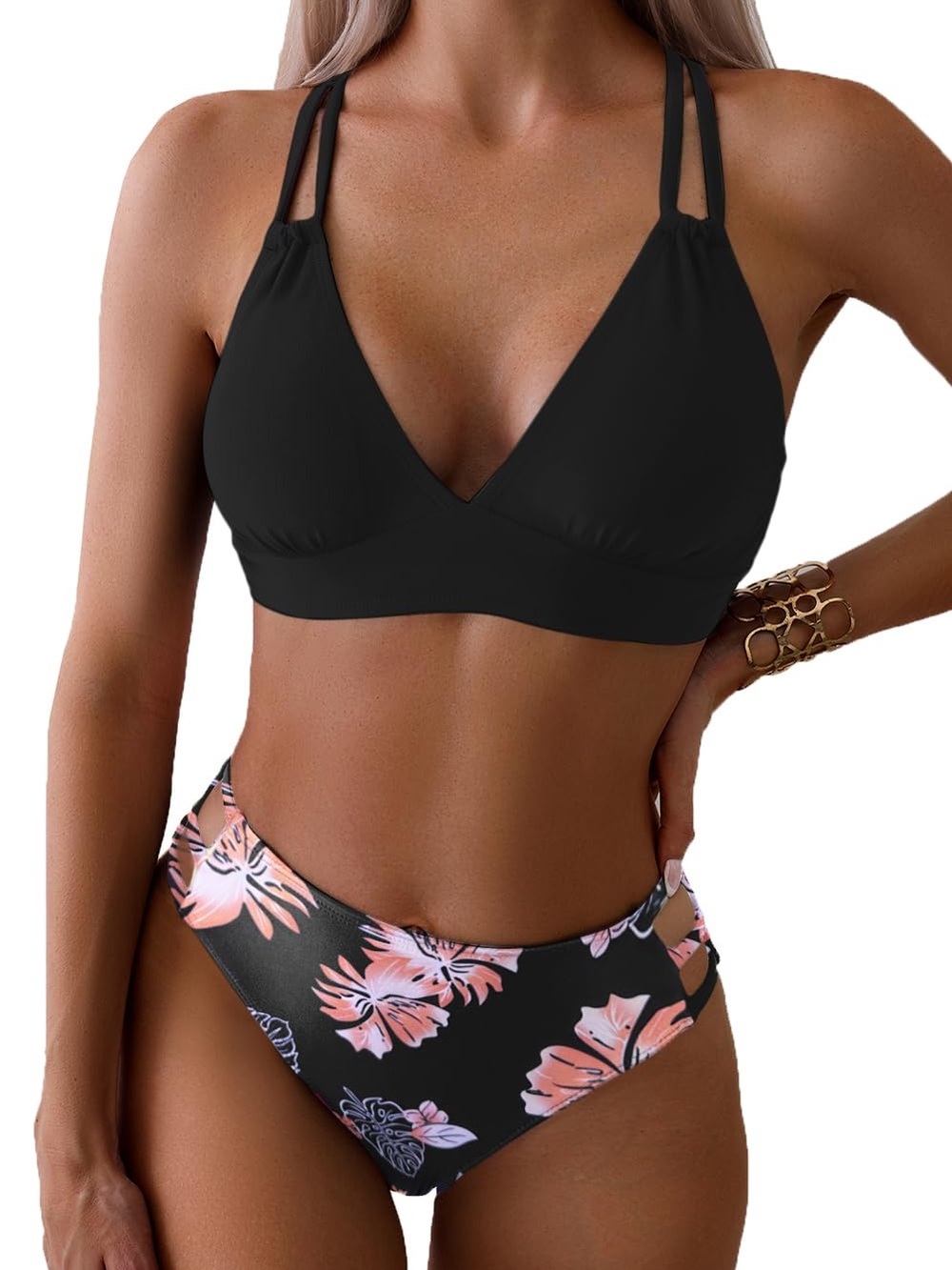 Women's Black Floral Bikini Set - Stylish Two-Piece Swimwear
